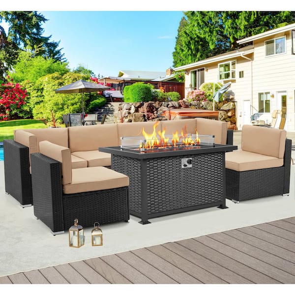 AECOJOY Black 7-Piece Wicker Patio Conversation Set Firepit Outdoor Sectionals with Beige Cushions