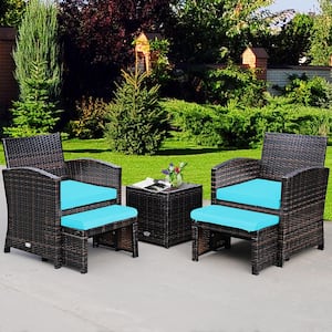 5-Piece Wicker Patio Conversation Set with Turquoise Cushions Sofa Coffee Table Ottoman