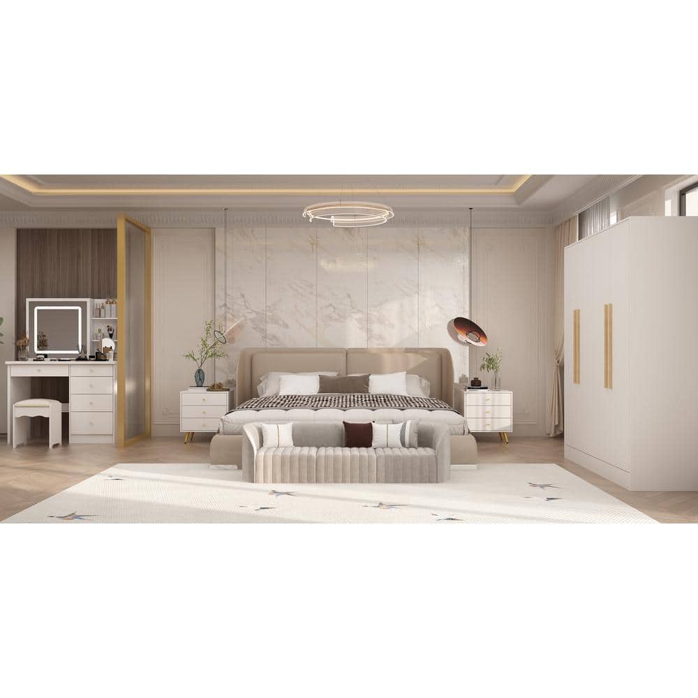 White 4-Door Wardrobe Armoire with Natural Wood Handles