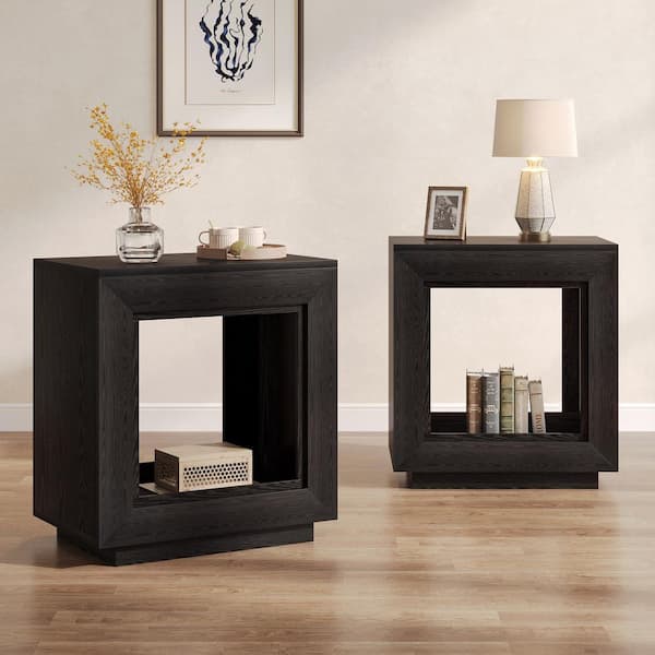 BYBLIGHT Kerlin 23.62 in. Black Rectangle Wood Side Table 2-Tier End Table with Metal Frame for Living Room, Bedroom, 2-Pieces