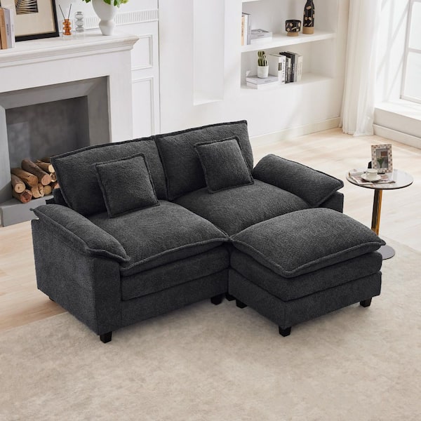 74.8 in. Chenille Fabirc Pillow Top Arm L-Shaped 3-Seat Sectional Sofa Couch with Ottoman in Dark Gray
