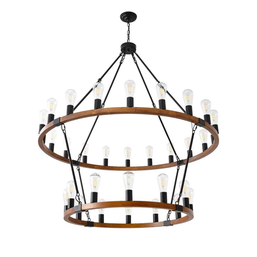 32-Light Large Wagon Wheel Chandelier Rustic Wood Light Fixture Farmhouse C