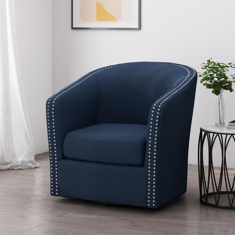 Maya Handcrafted Blue Fabric Swivel Club Chair with Metal Frame