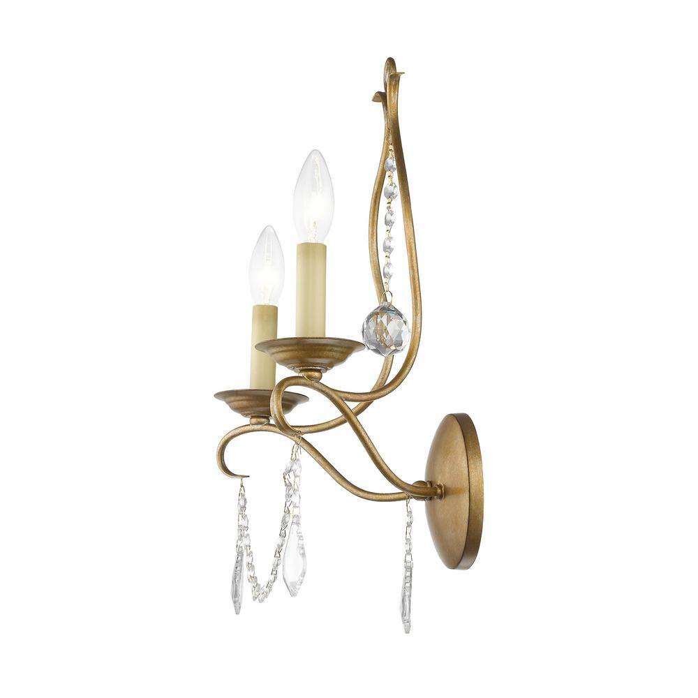 Elegant Antique Gold Leaf Dual-Light Wall Sconce with Crystal Accents