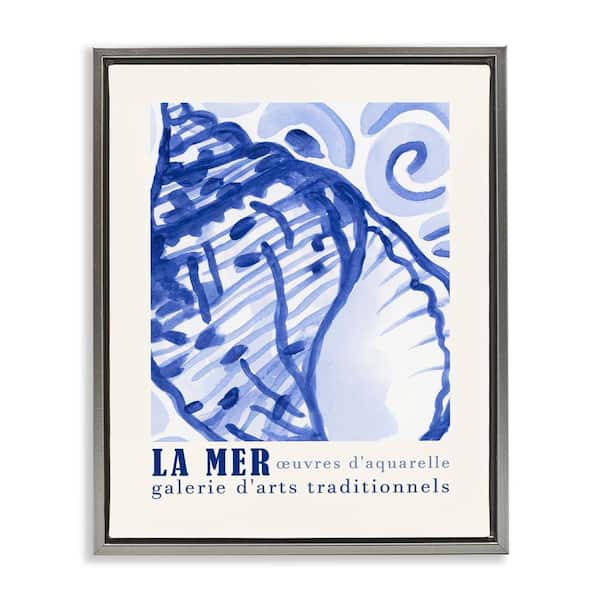 Stupell Industries Blue Seashell Gallery Show by June Erica Vess Gray Floater Frame Coastal Graphic Art Print 21 in. x 17 in.