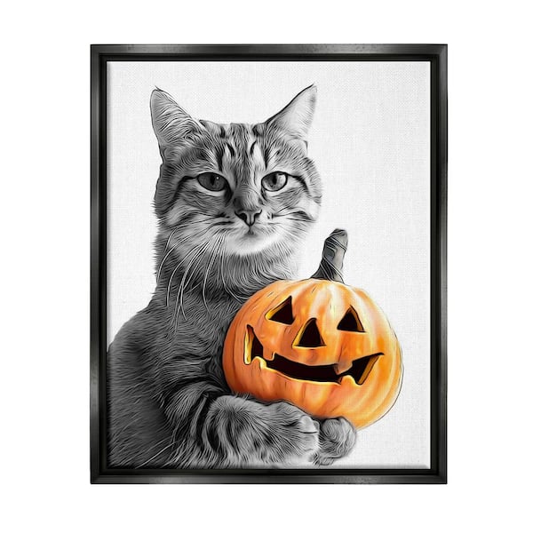 Stupell Industries Cat and Jack-o-Lantern by Annalisa Latella 1 Piece Floater Frame Graphic Print Animal Poster Art Print 31 in. x 25 in.