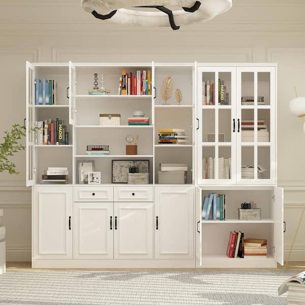 94.5 in. Wide White Wooden MDF 19-Tier Shelves Accent Bookcase with 6 Tempered Glass Door and 2 Drawers
