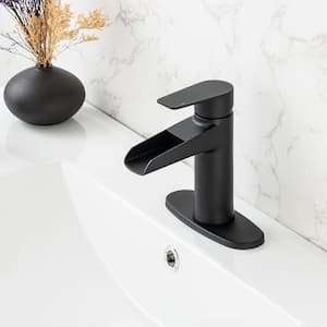 Waterfall Single-Handle Single Hole Low-Arc Bathroom Faucet with Deckplate and Drain Kit Included in Matte Black