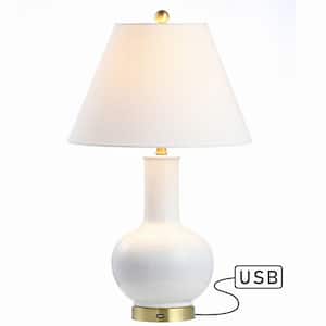 Han 27 in. White/Brass Gold Ceramic/Iron Contemporary USB Charging LED Table Lamp