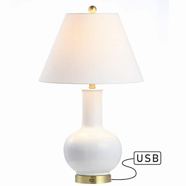Han 27 in. White/Brass Gold Ceramic/Iron Contemporary USB Charging LED Table Lamp