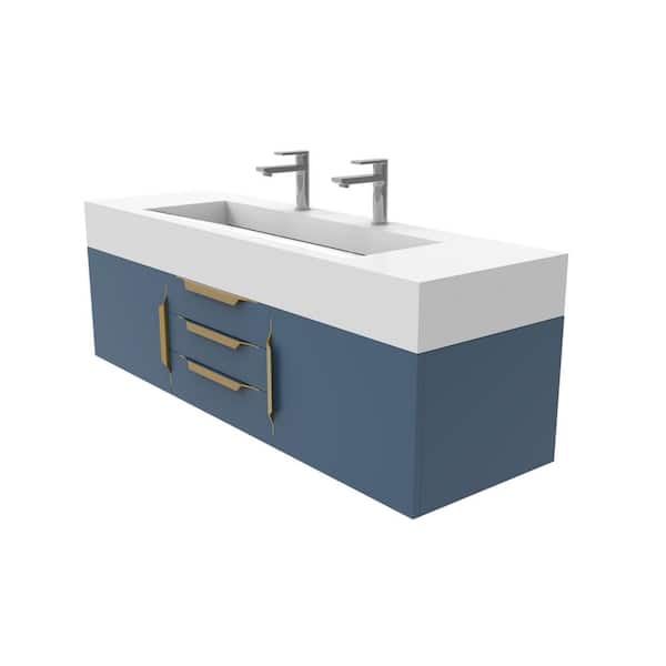 Nile 60 in. W x 19 in. D x 20 in. H Bath Vanity in Matte Blue with Gold Trim and White Solid Surface Top
