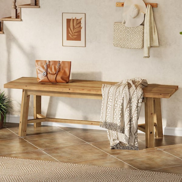 55 in. Brown Solid Wood Bench, Farmhouse Long Bench Seat for Entryway