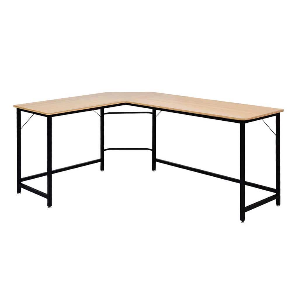 FORCLOVER 66 in. W Shape Natural Computer Desk with Adjustable Feet and ...