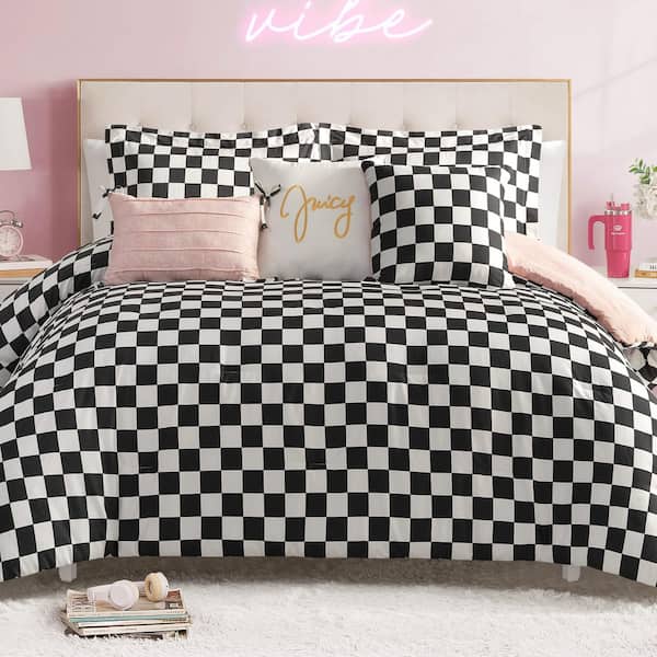 Checkerboard 6-Piece Black/White Geometric Microfiber Full/Queen Comforter Set