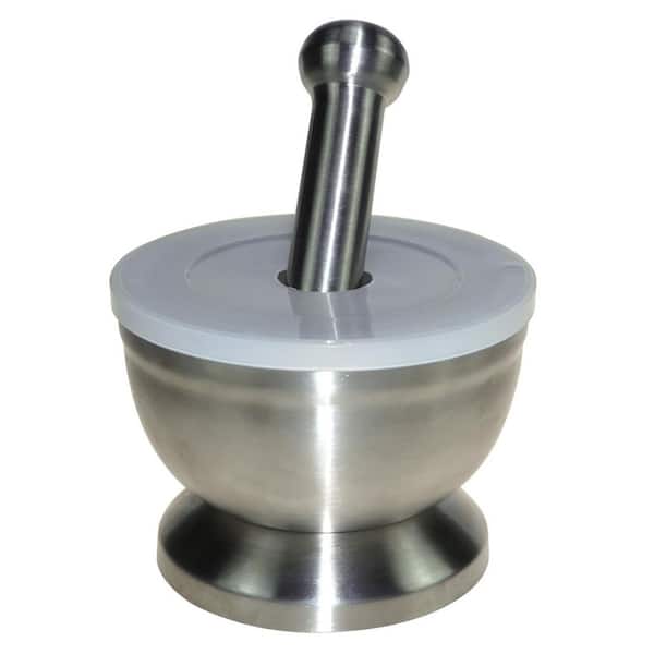 Stainless Steel Finish Mortar and Pestle Set Pill Crusher Spice Grinder Kitchen Accessory Large Diameter
