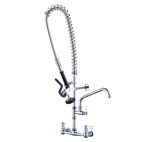 WOWOW 36 in. Commercial Triple Handle Pull Down Sprayer Kitchen Faucet Wall Mount with Pre-Rinse Sprayer in Chrome