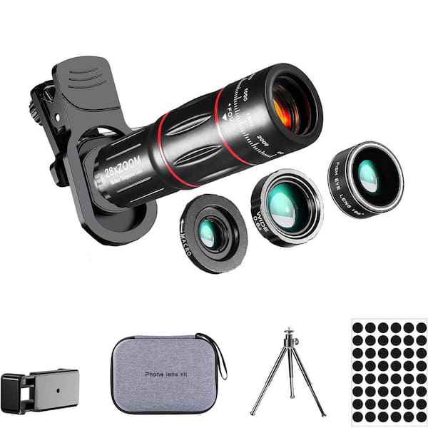 Phone Camera Lens Kit Upgraded Telephoto 28X Wide Angle 0.6X Macro 20X Fisheye 198° for Smartphones Black