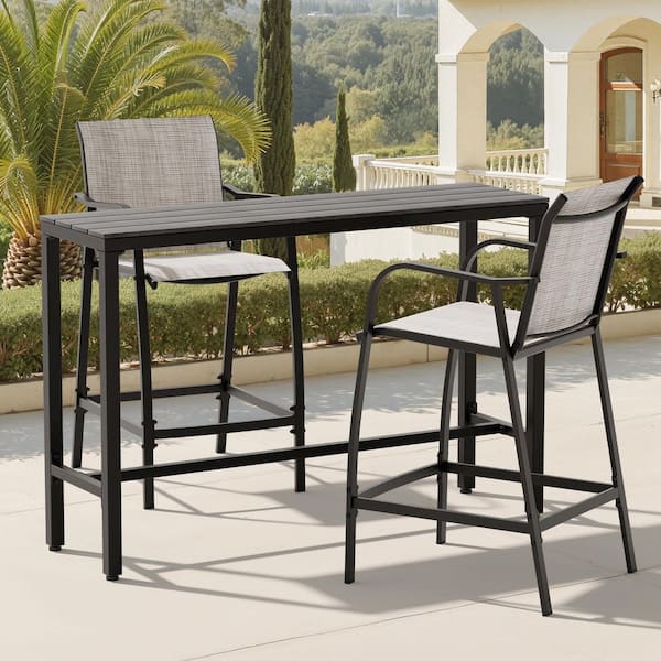3-Piece Outdoor Serving Bar Set Metal Frame 63 in. L. Gray Bar Table and 2 Backed Bar Stools with Gray Textilene Fabric