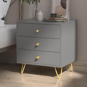 3-Drawer Gray Nightstands With Metal Legs, Side Table Bedside Table 21.6 in. H x 19.6 in. W x 15.7 in. D