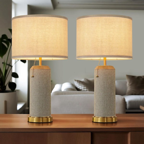 24 in. Bohemian Brown Plug-in and Flexible Clip-on Table Lamp with Pull-Chain Linen Base and Fabric Shade (Set of 2)