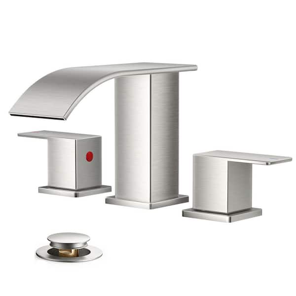 8 in. Waterfall Double Handle Bathroom Faucets with Metal Pop-up Drain in Brushed Nickel
