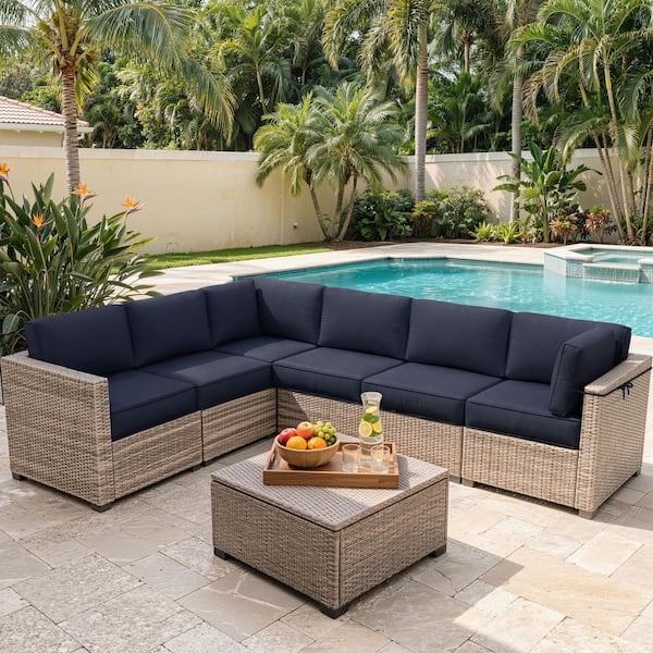 14-Piece 5 in. Outdoor Patio Cushions Water-Resistant Replacement Cushions for 6-Seat Rattan Sectional Sofa Navy Blue