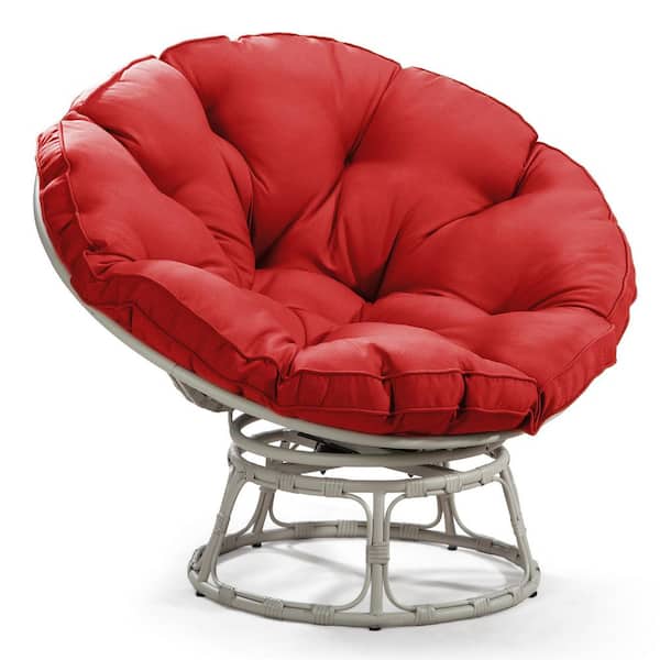MEOOEM Swivel Papasan Chair with Red Cushions, Gray Wicker Outdoor Patio Lounge Chair for Bistro Balcony Garden, Lazy Chair
