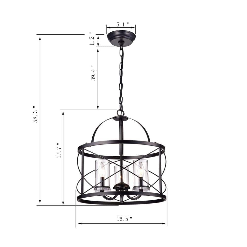 Black Lantern Style 3-Light Chandelier with Glass Shades