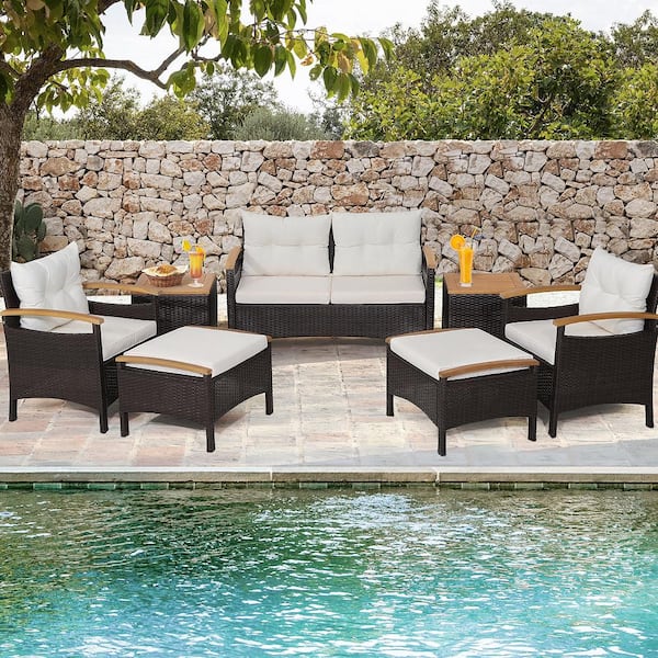 7-Piece Patio Rattan Furniture Set Cushion Armrest Loveseat Ottoman Table in Off White