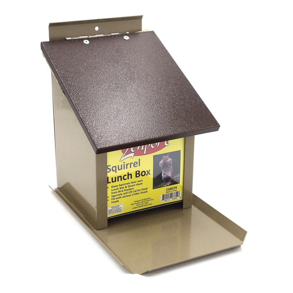 Beige and Brown Metal Squirrel Lunch Box Hopper Feeder