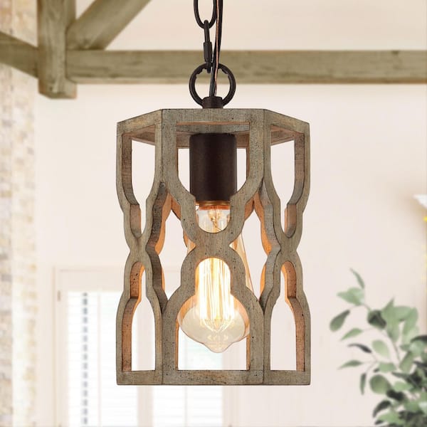 Farmhouse 1-Light Antique Brown Natural Wood Pendant Light Rustic Island Light with Geometric Cage for Dining Room