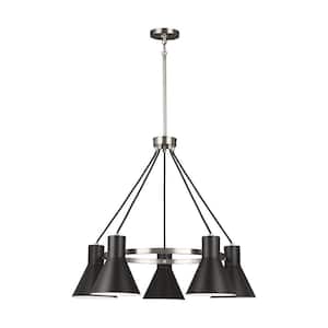 Towner 5-Light Brushed Nickel Mid-Century Modern Hanging Chandelier with Black Shades