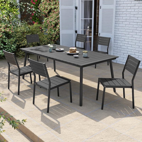 Pellebant 7 of Pieces Composite Wood Aluminum Outdoor Dining Set with Stackable Chairs, Black