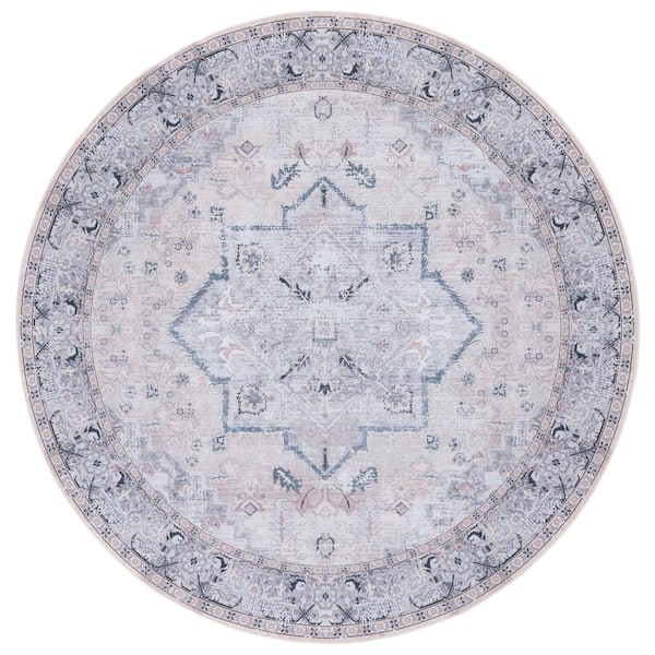 SAFAVIEH Tucson Beige/Gray 6 ft. x 6 ft. Machine Washable Medallion Floral Border Distressed Round Area Rug