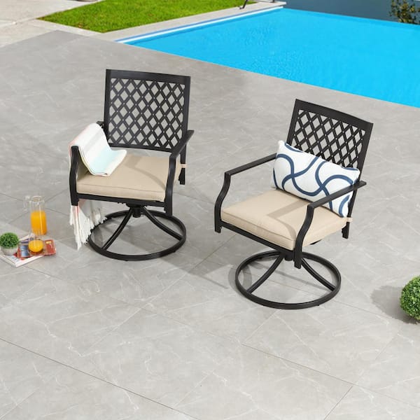 Metal Outdoor Swivel Dining Chairs Set Khaki Cushion (2-Piece)