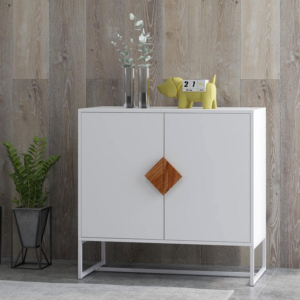 White MDF and Iron Frame Sideboard with Square Wooden Handle