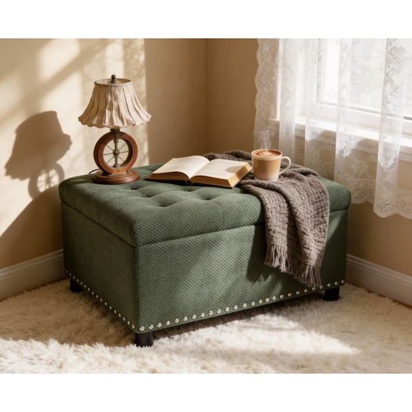 Peyton Green 30 in. Square Polyester Storage Ottoman, Nailhead Trim Ottoman, Tufted Footstool, Coffee Table