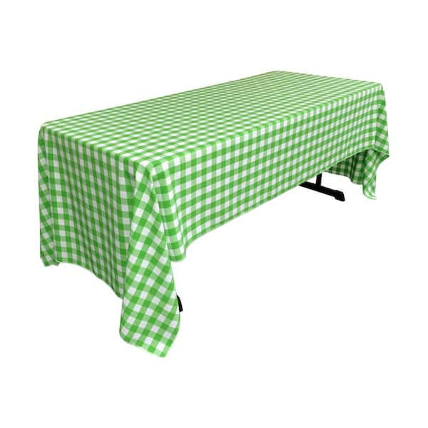 LA Linen "60 in. x 144 in. White and Lime Polyester Gingham Checkered Rectangular Tablecloth"