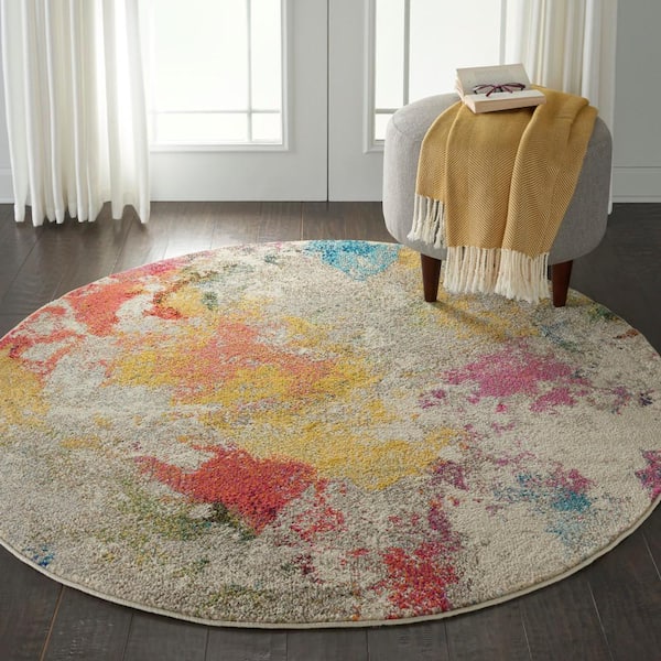 Celestial Ivory/Multicolor 4 ft. x 4 ft. Abstract Art Deco round Area Rug