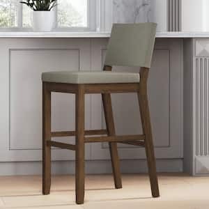 Linus 29 in. Modern Upholstered Bar Height Bar Stool with Back and Wire Brushed Wood Frame for Kitchen, Light Grey/Brown