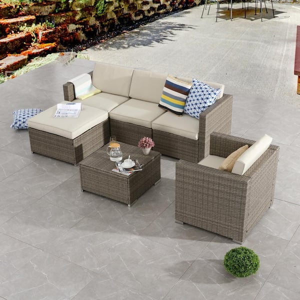 Patio Festival 6 Piece Wicker Outdoor Sectional Set with Beige