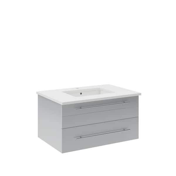 Fresca Lucera 30 in. Single Sink Wall Mount Floating Gray Bath Vanity with White Quartz Top and Undermount Ceramic Sink
