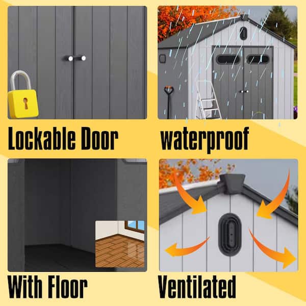 8 ft. W x 10 ft. D Plastic Storage Shed Outdoor Waterproof Tool Room with Floor for Garden, Black and Gray (76 sq. ft.)