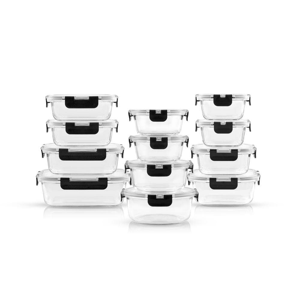 JoyJolt JoyFul 24-Piece Black Glass Storage Containers with Leakproof Lids Set JW10512
