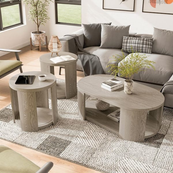 Furniture of America Rosin 3 Piece Modern 50 in. Oak Oval Wood Mobile Coffee Table Set with 2-End Tables