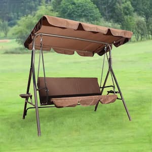 68 in. 3-Person Brown Steel Patio Swing Chair with Cushions, Adjustable Canopy and 2 Trays