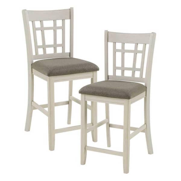 EVERGLADE HOME Euro 41.5 in. Antique White Full Back Wood Frame Dining Bar Stool with Fabric Seat (Set of 2)