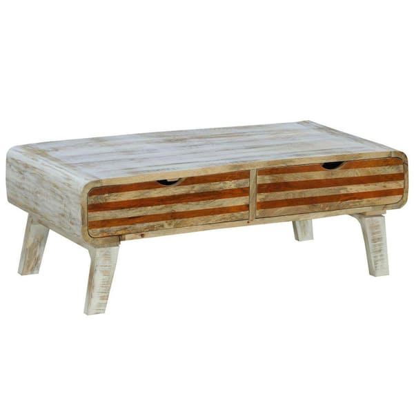 The Urban Port 20 in. Antique White Handcrafted Rectangular Mango Wood Coffee Table with 2-Striped Drawers