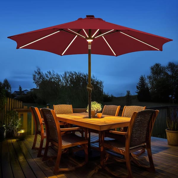 PASAMIC 9 ft. Aluminum Frame Outdoor Solar Patio Umbrella LED Table Umbrellas with 16 LED Strip Lights and Hub Light in Burgundy