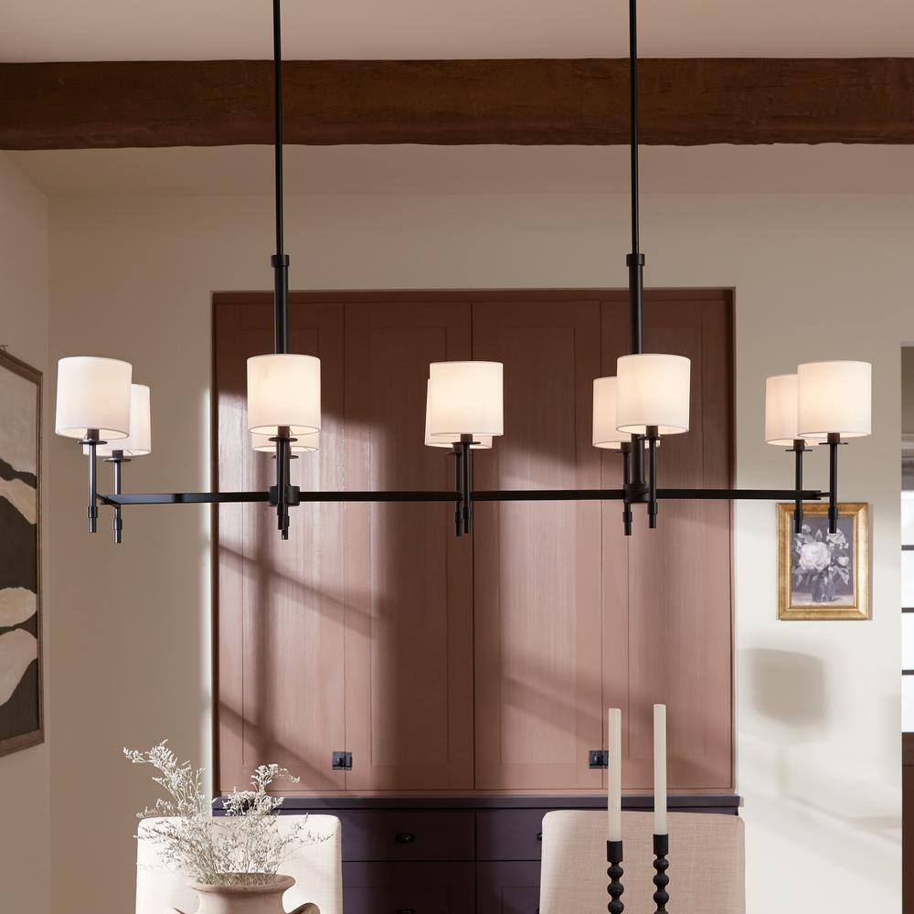 Elegant Ali Black Fabric Drum Shade 10-Light Linear Chandelier